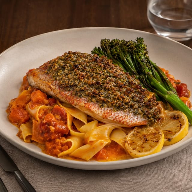 Pesto-Crusted Red Snapper.