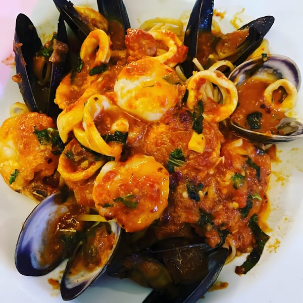 Carino's Northern Italian Cuisine's seafood pasta with mussels, clams, shrimp, and calamari in red sauce.